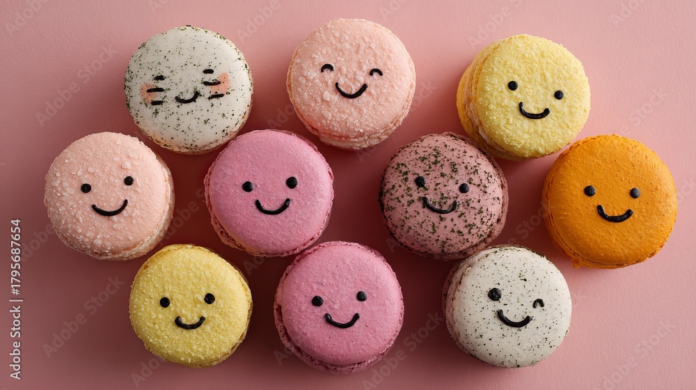 Obraz premium Delightful collection of cheerful macarons with adorable smiley faces, perfect for sweet moments and celebrations