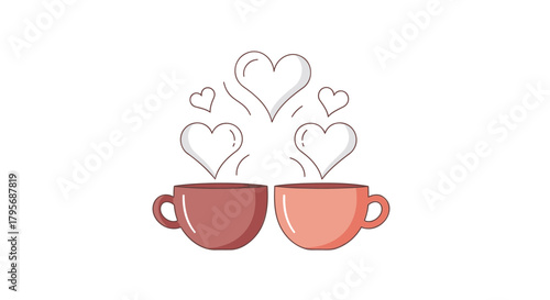 Two cups of coffee with hearts rising from them symbolizing love and romance