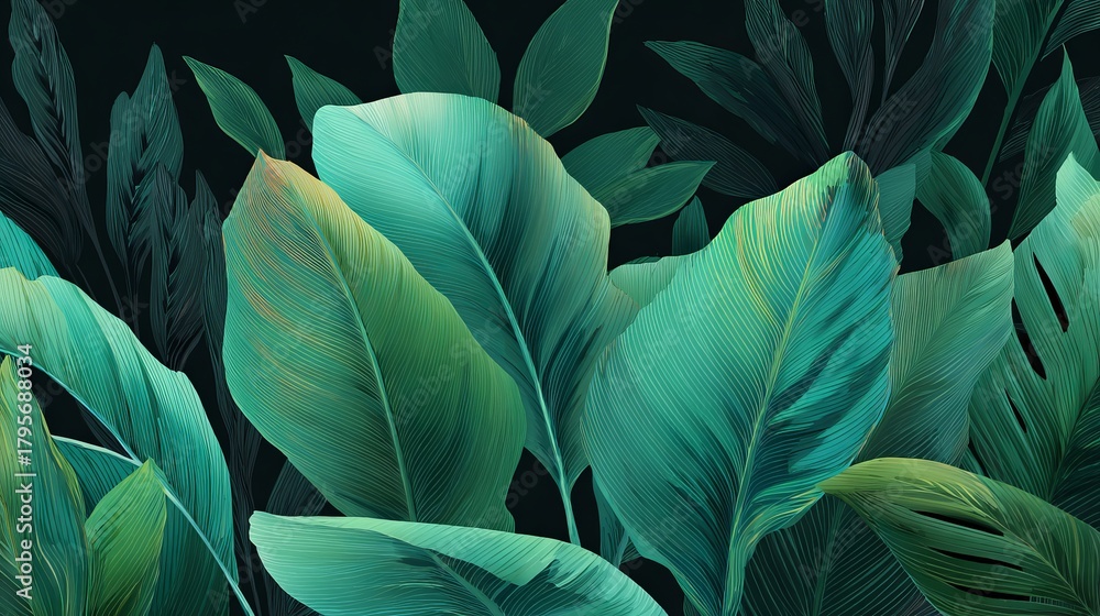 custom made wallpaper toronto digitalLush tropical foliage in vibrant emerald and teal hues creates a serene, exotic jungle backdrop for natural beauty and wellness themes