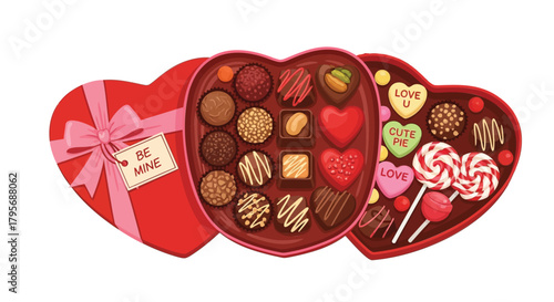 A heart shaped box filled with assorted chocolates and lollipops for valentine s day