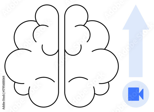 Brain sketch with upward arrow and video camera icon, signifying ideas, creativity, innovation, growth, upskilling, video content, and progress. Ideal for brainstorming technology education