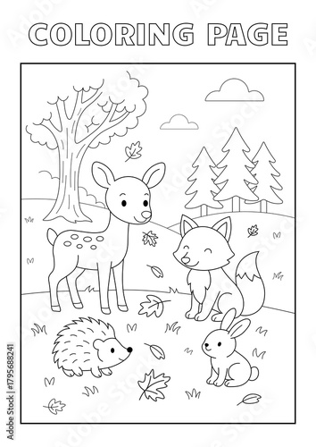 Coloring page with animals in the forest. Coloring page with deer, fox, rabbit and hedgehog isolated on white background. Outlined coloring page. Line art. Cartoon style. Vector illustration.