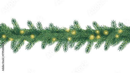 Christmas tree branches with pine cones and holiday decorations