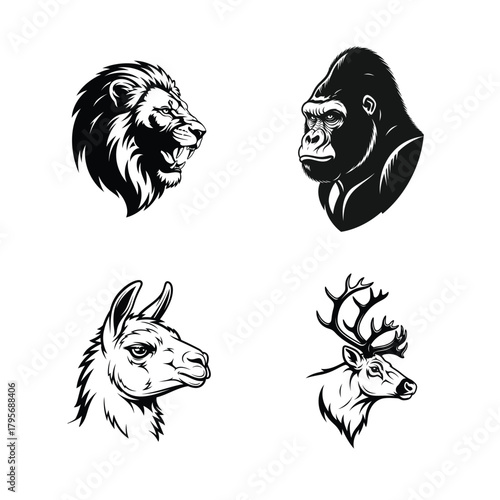 Four animal heads including a lion gorilla llama and deer in a bold black and white linework style isolated on white