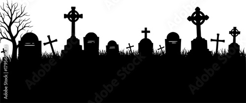 Graveyard silhouette. This image shows a graveyard with various tombstones and crosses in silhouette form, creating a spooky and eerie atmosphere. Vector clipart illustration design