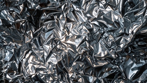 Crumpled metallic foil with shiny, reflective surfaces and sharp folds.