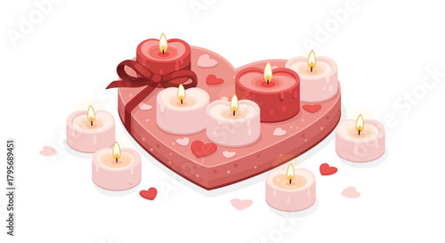 Romantic heart shaped box adorned with flaming candles and scattered hearts for valentine s day celebration