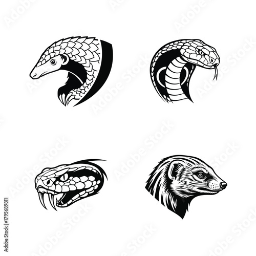 Pangolin cobra viper mongoose animal heads collection in black and white illustration style