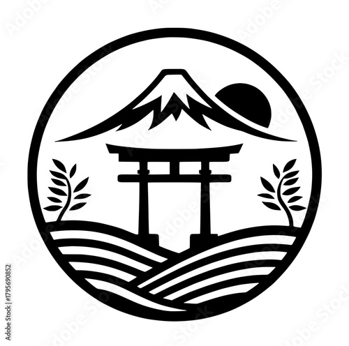 Mt. Fuji, Torii Gate and Rising Sun in Circle Vector Logo Icon