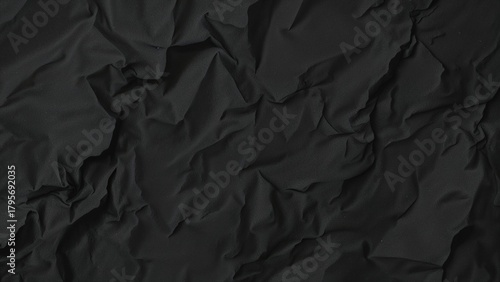 Crumpled black paper texture with creases and shadows. Dark background with wrinkled surface. Abstract crinkled material for design or artistic use.