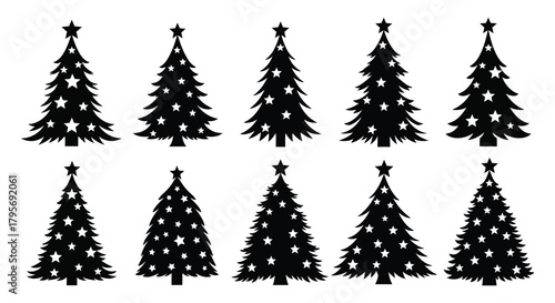Collection of ten stylized black christmas trees decorated with white stars and lights on a white background