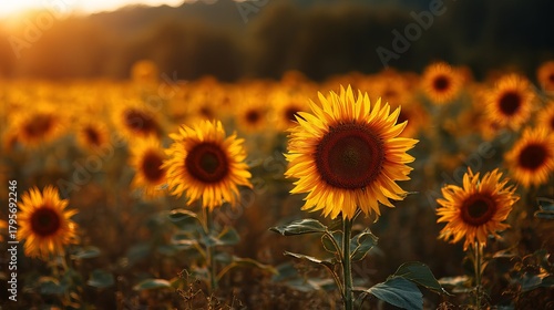 Fototapeta Naklejka Na Ścianę i Meble -  Golden hour illuminates a vibrant field of sunflowers, creating a breathtaking natural spectacle of summer beauty and warmth.