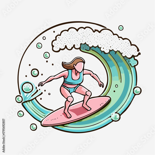 Joyful Surfer Girl Riding a Wave Illustration
