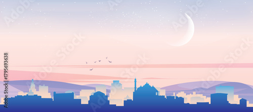 Panoramic poster of the city skyline with misty background buildings, hills sunrise, sunset and clouds of NEW DELHI, INDIA