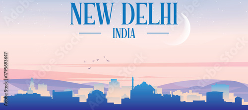 Panoramic poster of the city skyline with misty background buildings, hills sunrise, sunset and clouds of NEW DELHI, INDIA