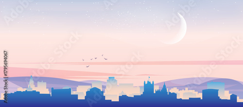 Panoramic poster of the city skyline with misty background buildings, hills sunrise, sunset and clouds of LONDON, ENGLAND