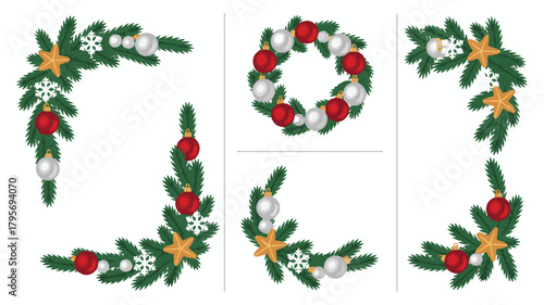 Christmas wreath set with holly berries in a festive vector illustration