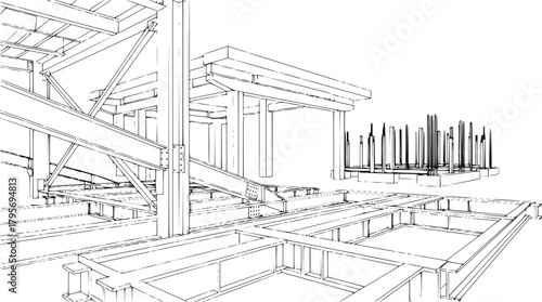 Construction elements and steel beams depicted in an architectural illustration with black outline
