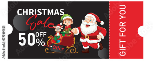 Christmas sale promotion copon Ticket with santa, elf, and 50% off discount