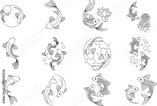Collection of black and white koi fish and lotus flower illustrations