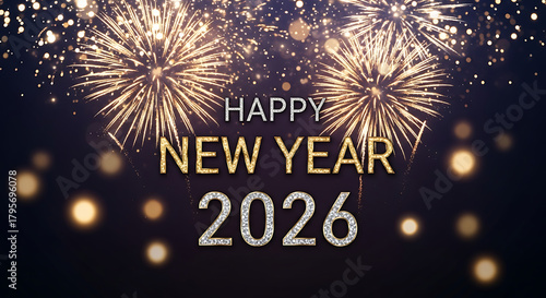 Happy new year 2026 with golden and silver text and fireworks