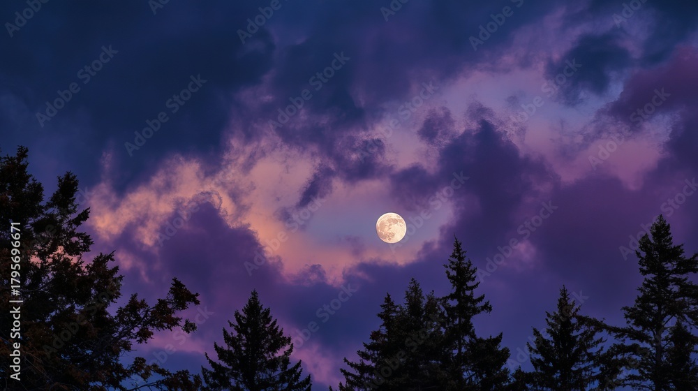 Fototapeta premium Enchanting full moon illuminates dramatic twilight clouds above silhouetted pine trees creating a mystical nocturnal sky