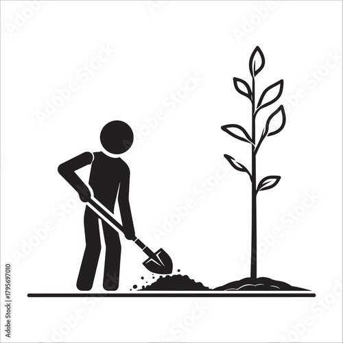 gardening silhouette vector  Stick figure planting a young tree with shovel, environmental care