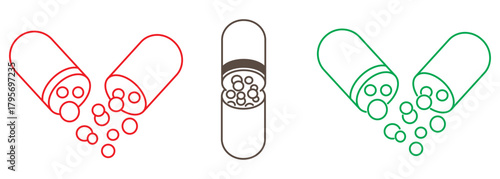 Capsules, vitamins, tablets, and pills line icons set. Minimal outline medical symbols with editable stroke, isolated on a transparent background for pharmacy and healthcare design.