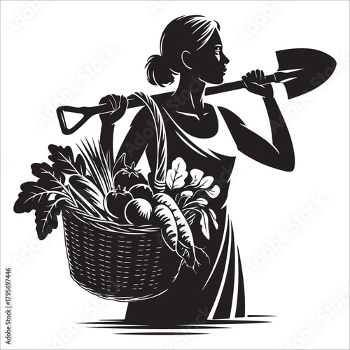 gardening silhouette vector  Woman farmer with harvest basket and shovel, agriculture concept