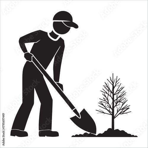 gardening silhouette vector  Man planting tree with shovel, environmental conservation icon