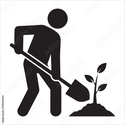 gardening silhouette vector Gardener planting a seedling with a shovel, environmental care icon