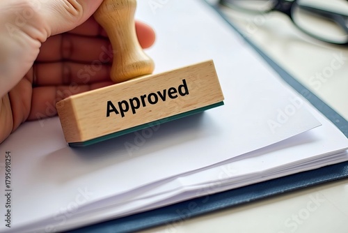 Image of Hand Holding an Approved Rubber Stamp with Legal Documents in the Background