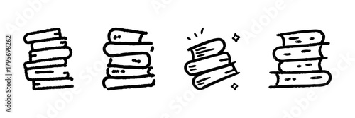 Stack Of Books Line Icon Set In Doodle Style. Education, Learning, And Knowledge Representation Outline Sketch Collection. Academic And Literary Symbol. Hand Drawn Isolated Vector Illustration
