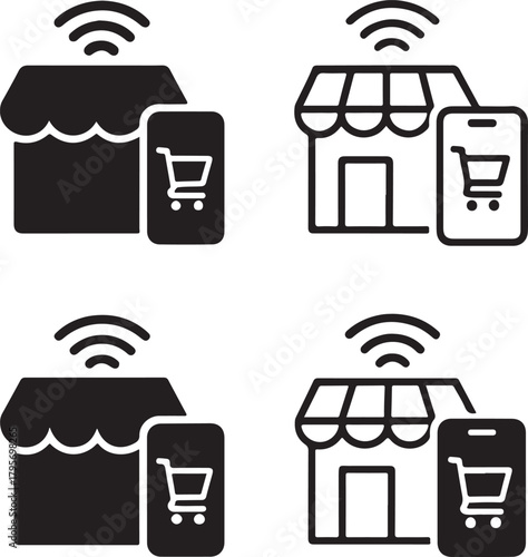 Isolated Smart Retail Store Icons black vector set, digital shopping experience icons, modern e commerce store symbols, minimal outline filled thin stroke, retail tech vector design isolated symbols