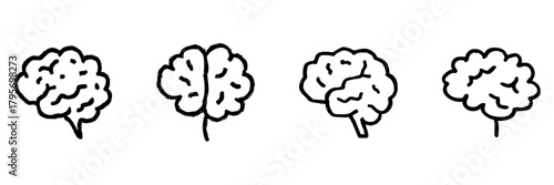 Brain Line Icon Set In Doodle Style. Cognitive Function, Intelligence, And Mental Health Outline Sketch Collection. Neuroscience And Psychology Concepts. Hand Drawn Isolated Vector Illustration