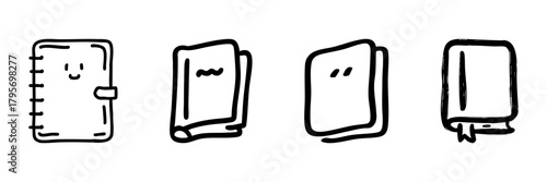 Notebook And Book Line Icon Set In Doodle Style. Stationery, Reading, And Writing Tools Outline Sketch Collection. Educational And Organizational Supplies. Hand Drawn Isolated Vector Illustration