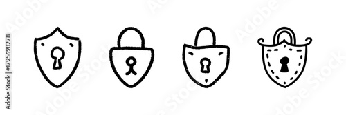 Shield And Padlock Line Icon Set In Doodle Style. Security, Protection, And Privacy Symbols Outline Sketch Collection. Cybersecurity And Data Safety. Hand Drawn Isolated Vector Illustration