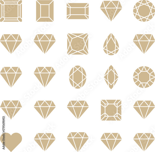 Gemstone cut shape grid, 25 beige crystal designs, white facet lines, jewelry vector set, gemology illustration, elegant diamond cut icons