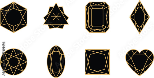 Gemstone cut shapes collection, gold outline on black, stylized facet designs, jewelry vector icons, gemology illustration set, elegant crystal cuts