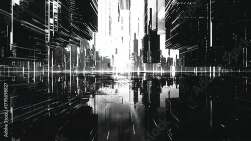 Abstract futuristic digital city landscape with glowing lines and reflections isolated on white background, Vector, illustration.