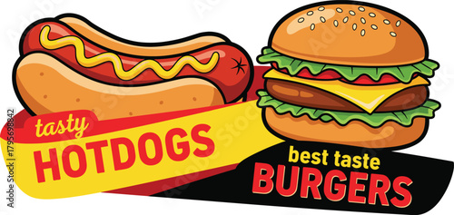 Hotdog and burger advertisement, colorful fast food illustration, mustard-topped hotdog, cheeseburger with lettuce and tomato, tasty snack vector design