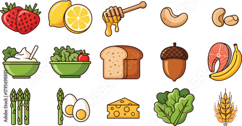 Healthy food icon grid, colorful nutrition illustration, fruits, vegetables, dairy, grains, protein sources, dietary planning vector, educational culinary design
