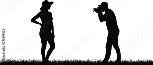 Outdoor photography silhouette, person posing with hat, photographer capturing moment, black vector illustration, grassy field scene, creative interaction concept