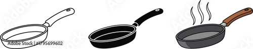 Set of three distinct frying pan illustrations: an outline, a solid black silhouette, and a colored, steaming pan, ideal for cooking and kitchen themes.