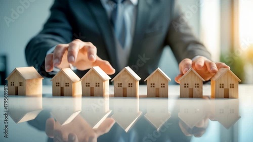Real estate agent hands arranging miniature houses on reflective table showing property investment planning