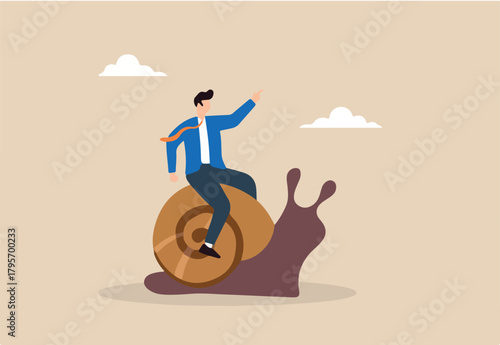 Flat illustration of businessman ride slow snail symbolizing inefficiency and losing business competition