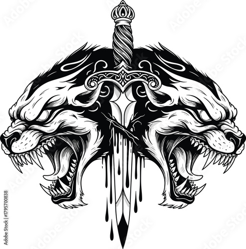 Sword with snarling feline heads, symmetrical black and white illustration, fierce battle emblem, tattoo-style vector, strength and aggression symbol