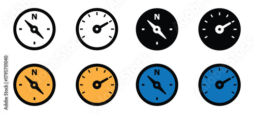 Navigation icons for apps showing compasses and speedometers in black, white, blue, and yellow for maps, games, and transportation themes