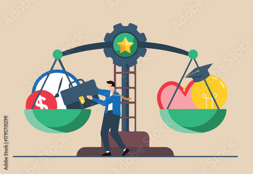 Flat illustration of professional weighing options on scale symbolizing career decision-making