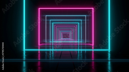Wallpaper Mural Futuristic neon light tunnel, glowing magenta and cyan lines, perspective depth, 3D motion, high-contrast lighting. Torontodigital.ca